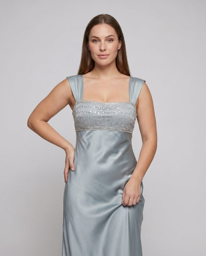 Women's Evening Dress with Shimmering Top and Flowing Skirt