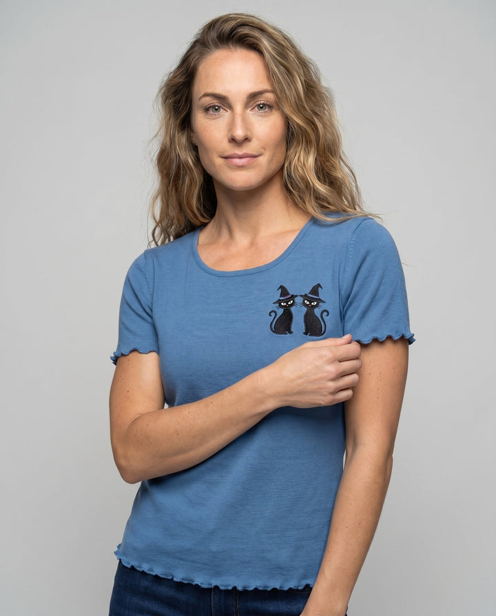 Women's Cotton T-Shirt with Cute Cat Embroidery