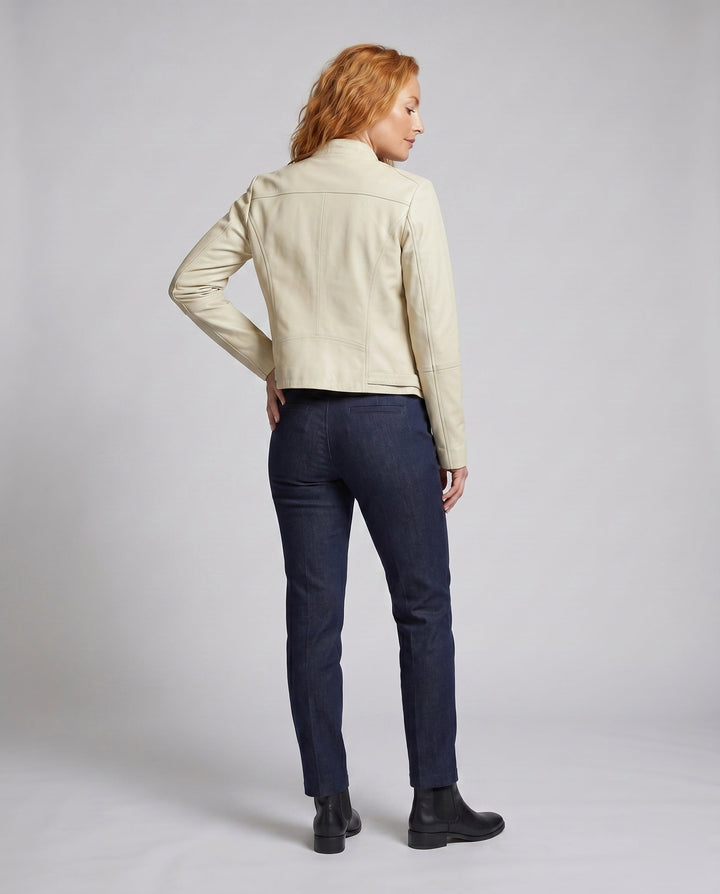 Women's Biker Jacket Made of High-Quality Leather with Fine Decorative Stitching