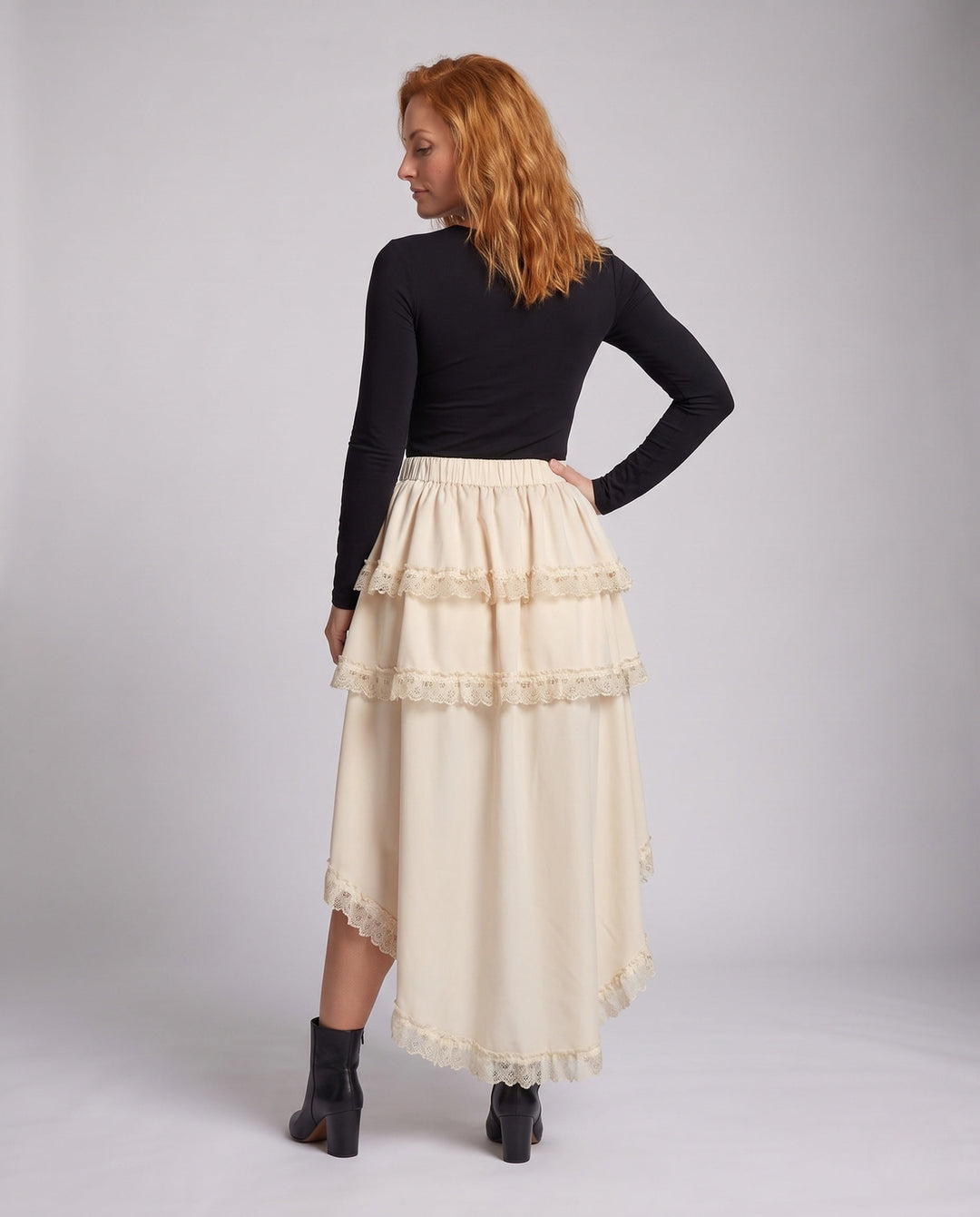 Women's Asymmetrical Midi Skirt with Ruffle Details and Lace Applications Echo Archive, view 4 - Elena Harper