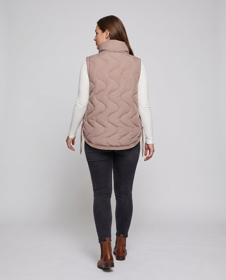 Women's Sleeveless Microfiber Insulation Vest with Wavy Quilting and Adjustable Drawstring Hem, view 4 - Elena Harper