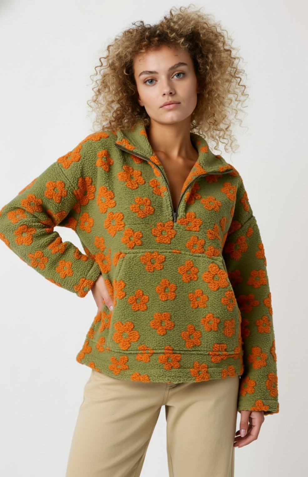 Women's Pullover | Playful Floral Design with Half-Zip