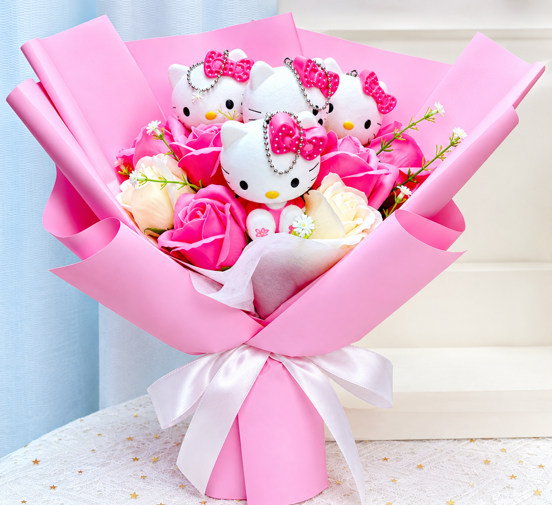 Colourful Synthetic Flower Bouquet With Kitty Figurines For Gifts And Decoration, view 6 - Elena Harper