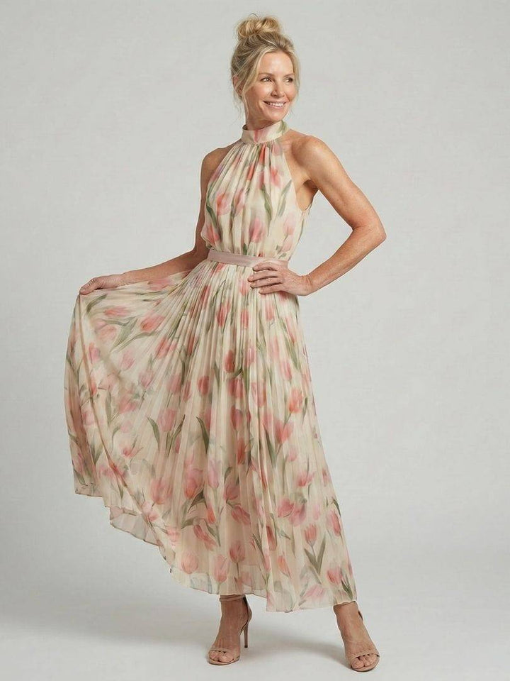 Aurelle™ Neck Floral Midi Dress by Emma & Rose Cape Town featuring a halter neckline and vibrant floral pattern.
