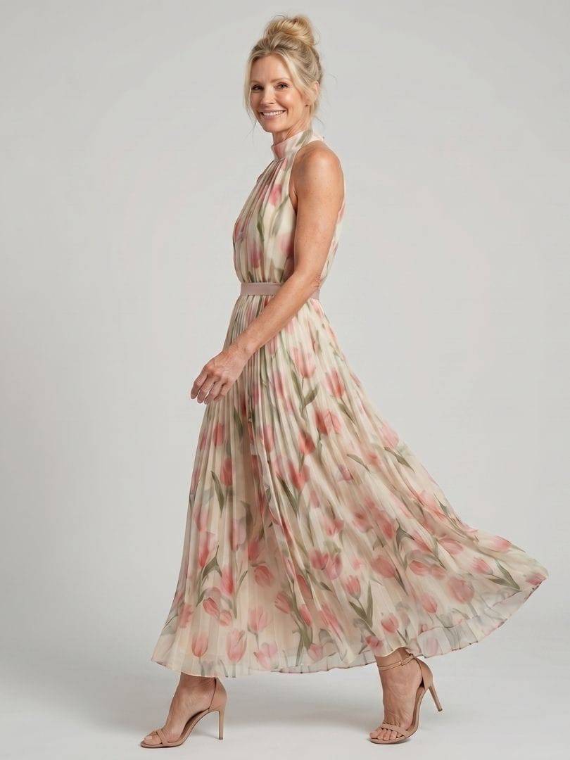 Emma & Rose Cape Town Aurelle™ neck floral midi dress with halter neckline and vibrant floral pattern, perfect for elegant occasions.