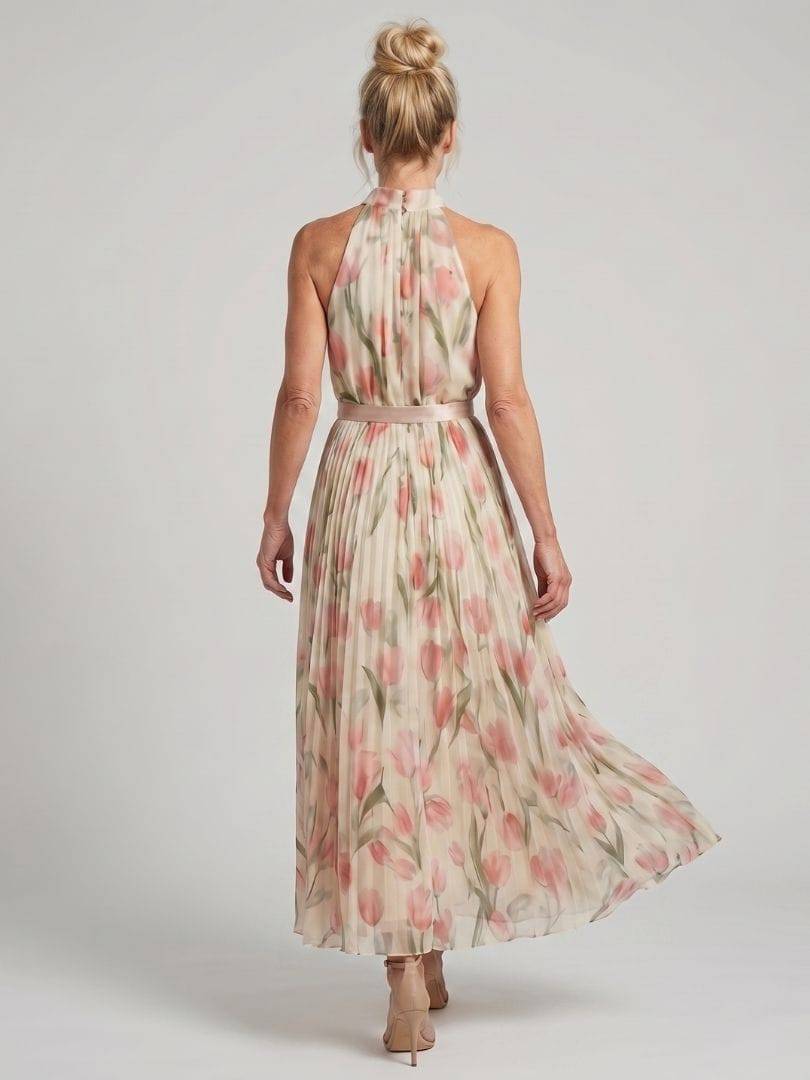 Emma & Rose Cape Town Aurelle™ halter neck floral midi dress featuring a fitted bodice and flowing skirt.