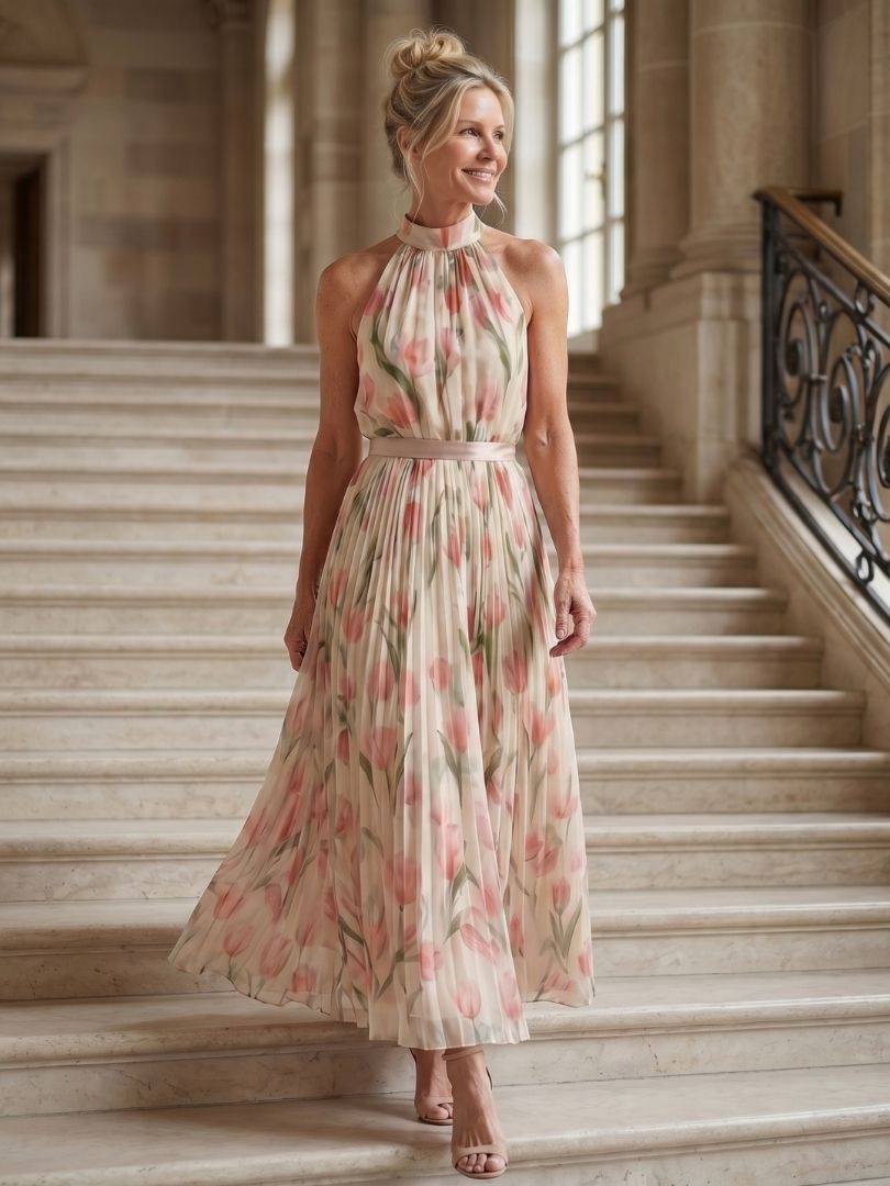 Emma & Rose Cape Town Aurelle™ halter neck floral midi dress with a fitted bodice and flowing skirt, perfect for summer occasions.