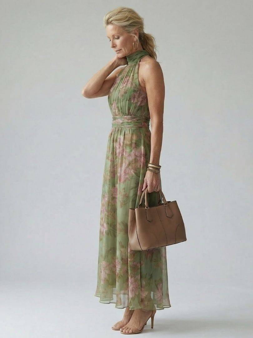 Emma & Rose Cape Town Mirelle gathered halter midi dress, featuring a stylish halter neckline and flowing gathered fabric.
