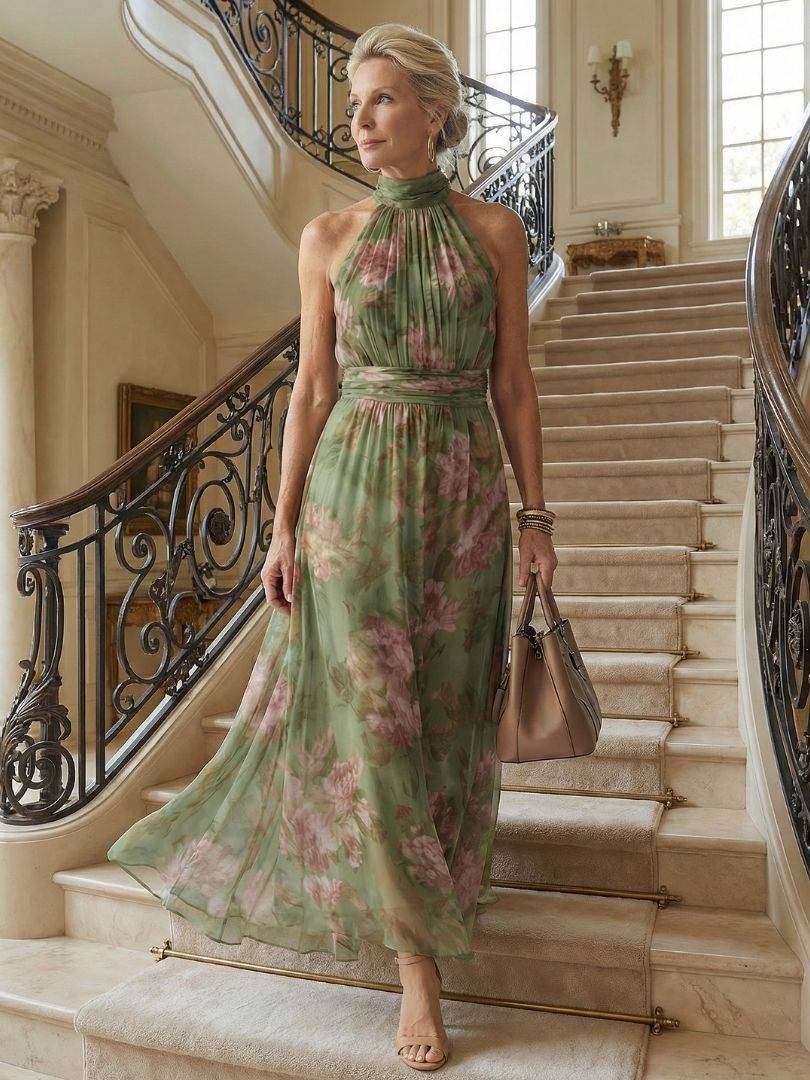 Emma & Rose Cape Town Mirelle gathered halter midi dress featuring a fitted bodice and flowing skirt in a soft, elegant fabric.