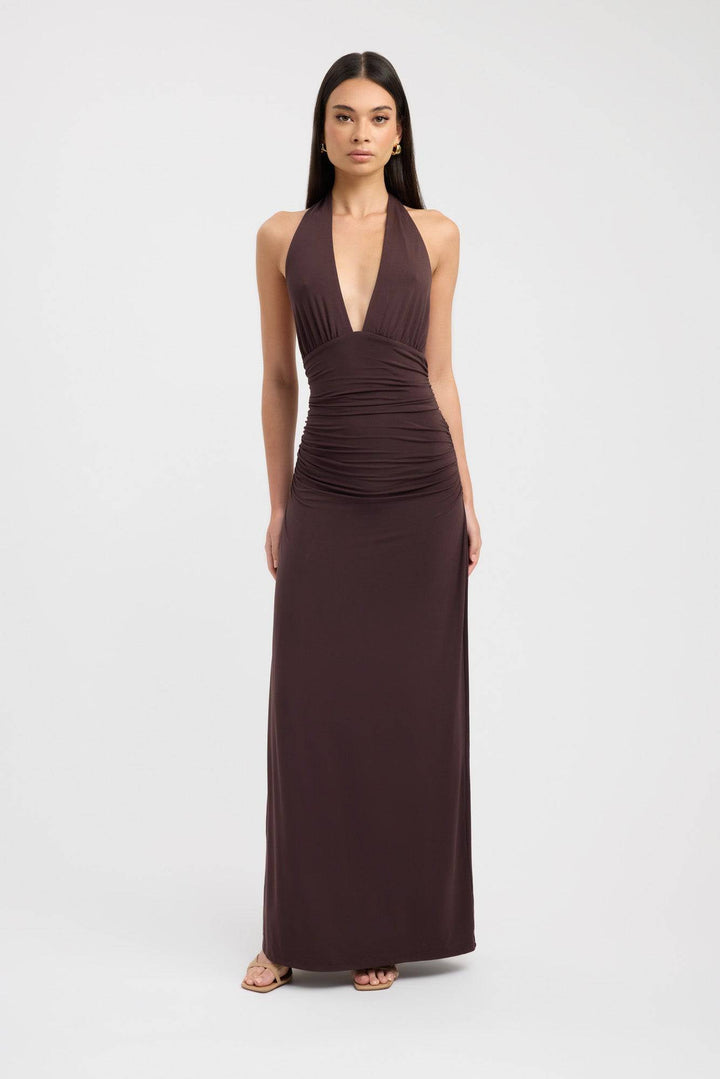 Dark mahogany Serenya™ elegant maxi dress by Emma & Rose Cape Town, featuring flowing fabric and a stylish, feminine silhouette.