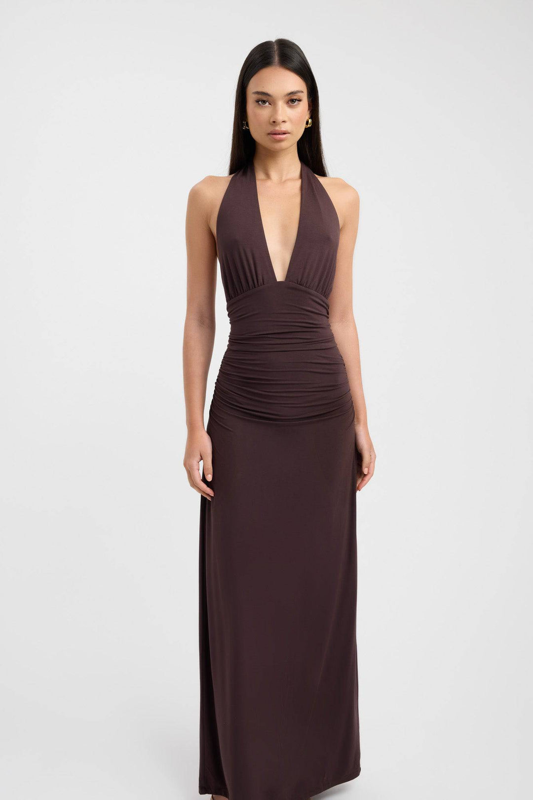 Dark mahogany Serenya™ elegant maxi dress by Emma & Rose Cape Town, flowing fabric and stylish design, front view.