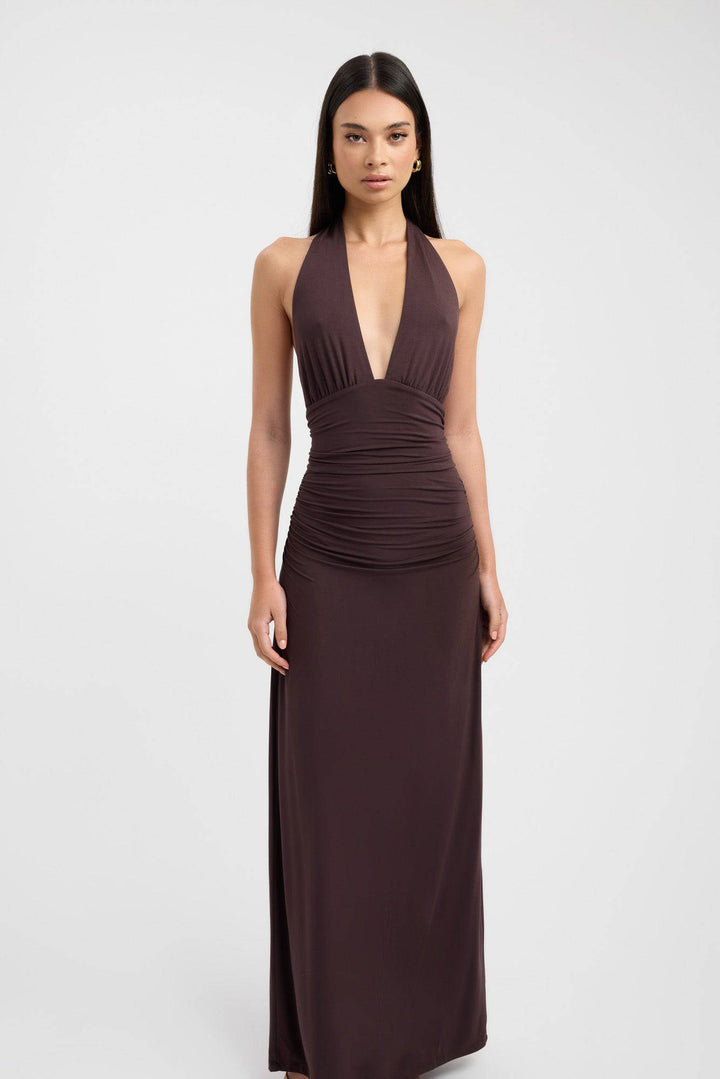 Dark mahogany Serenya™ elegant maxi dress by Emma & Rose Cape Town, flowing fabric and stylish design, front view.