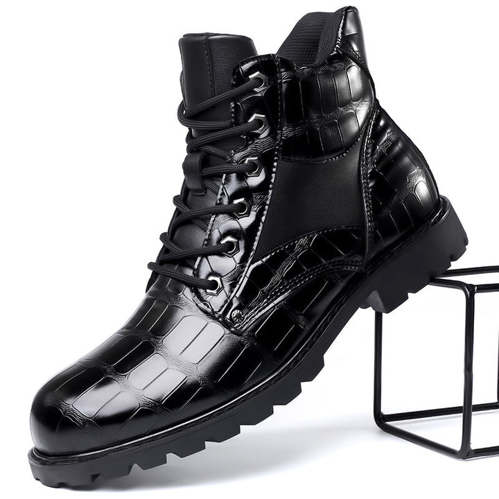Men's Alligator Embossed Combat Ankle Boots, view 6 - Elena Harper