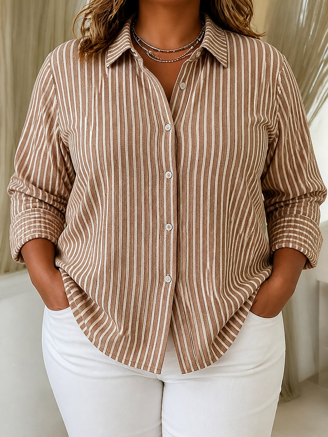 Women's Striped Button-Down Shirt with Long Sleeves, view 3 - Elena Harper