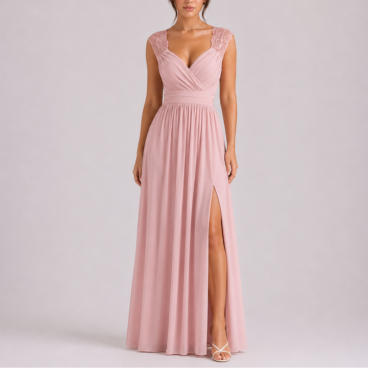 Women's Elegant Maxi Dress with Styled Shoulder & Side Slit