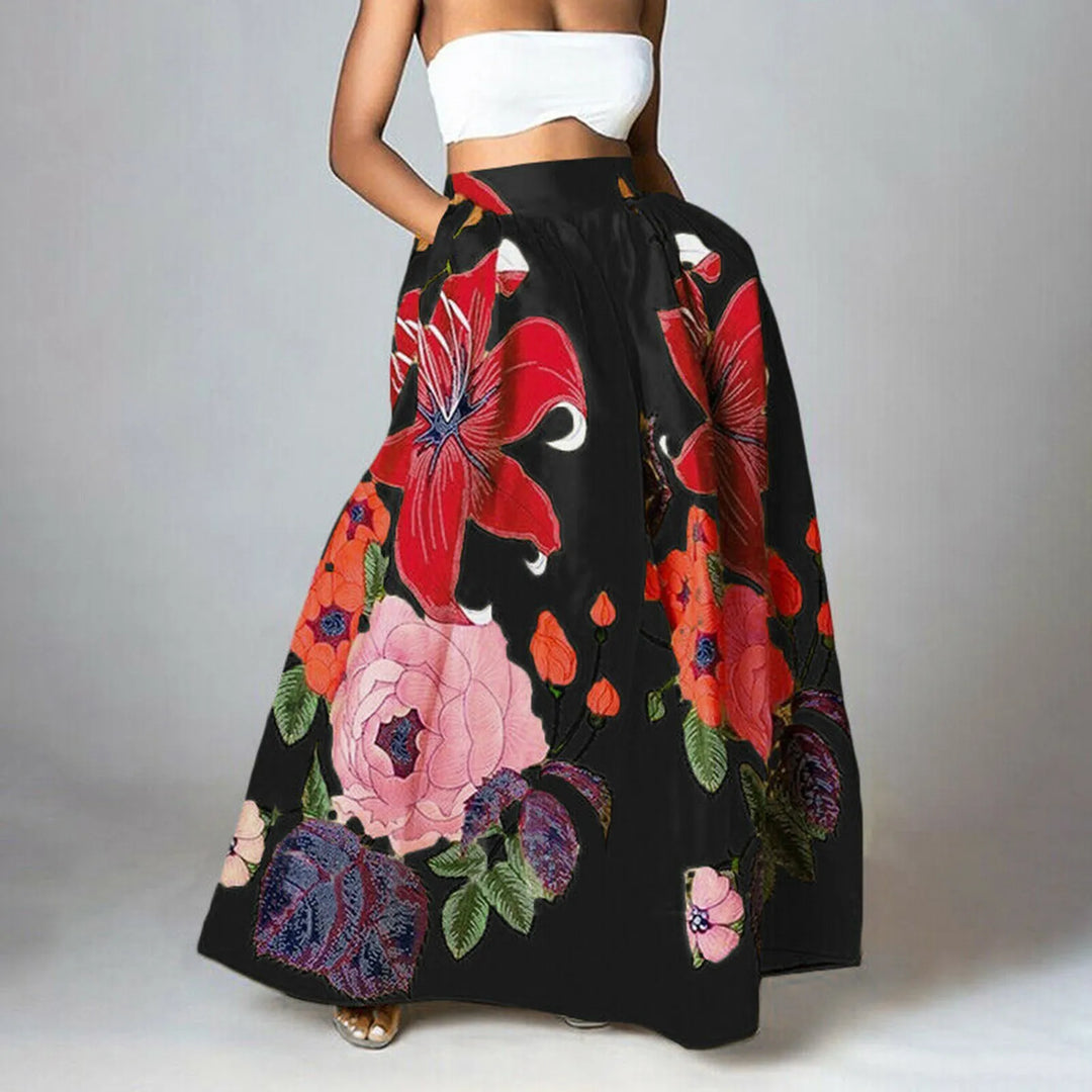 Women's maxi skirt with floral print, high-waisted and elegant