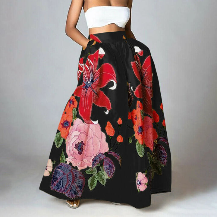 Women's maxi skirt with floral print, high-waisted and elegant