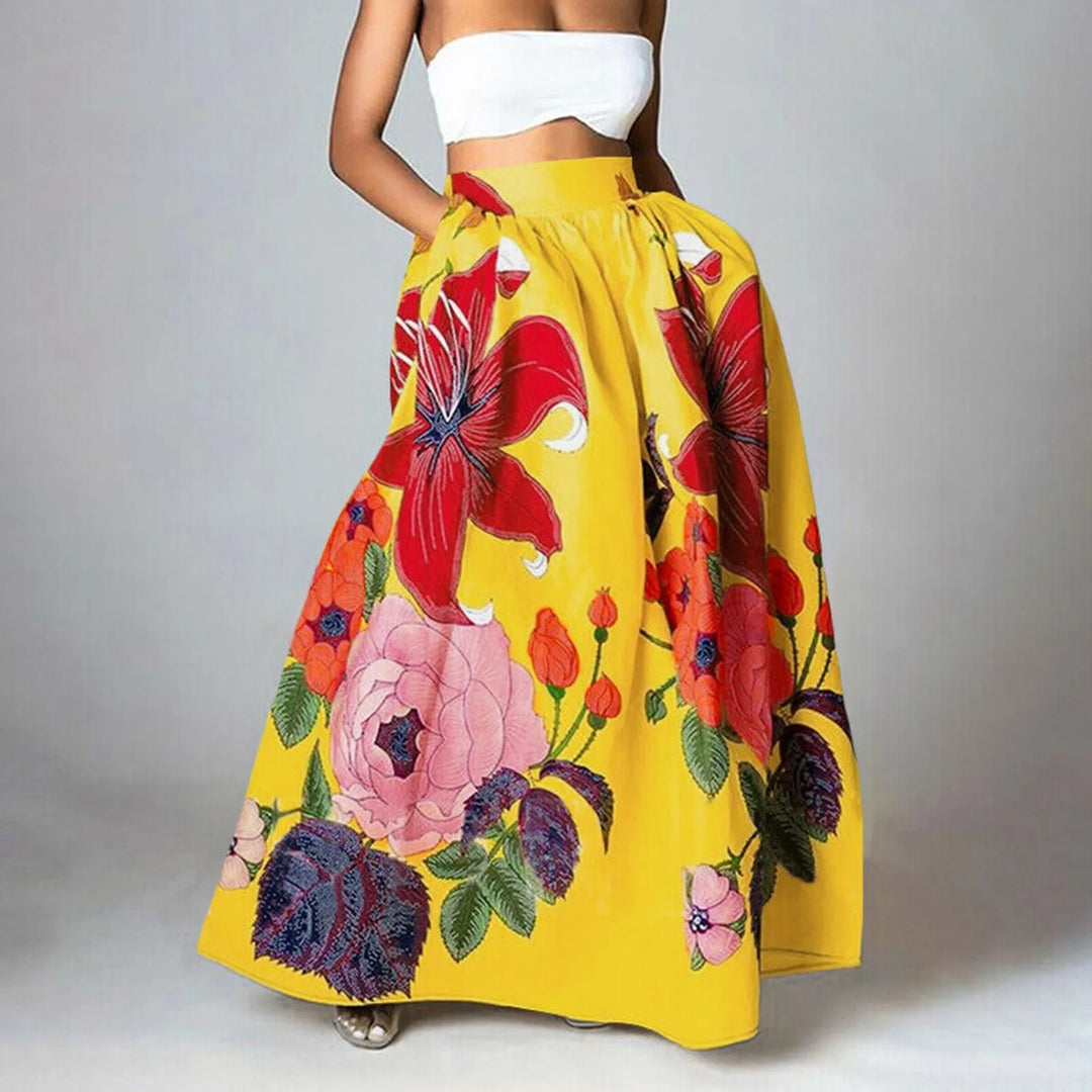 Women's maxi skirt with floral print, high-waisted and elegant