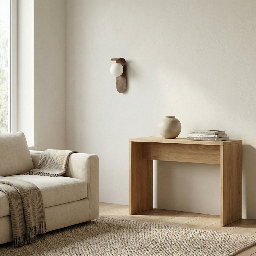Round Wooden Wall Lamp with Spherical Light Point
