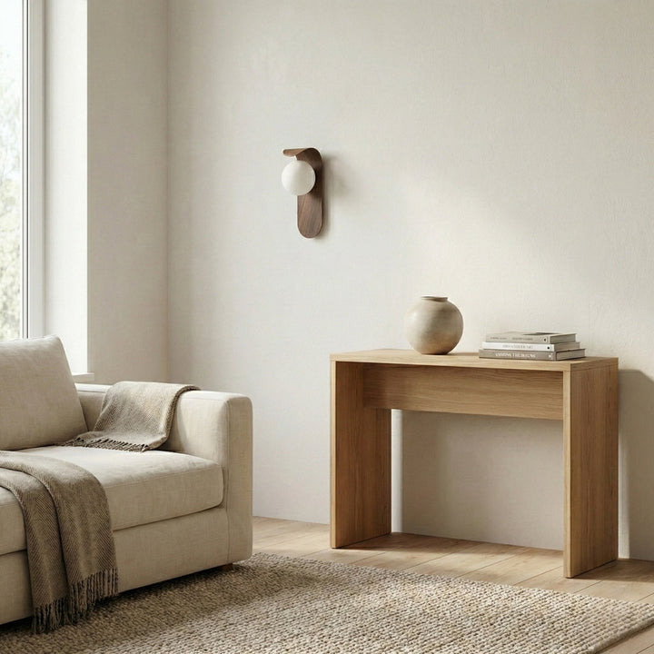 Round Wooden Wall Lamp with Spherical Light Point
