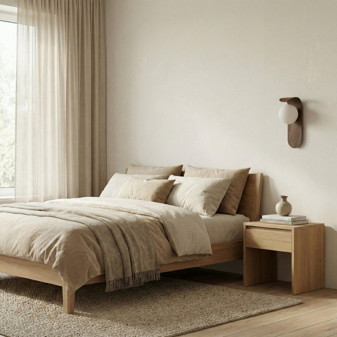 Round Wooden Wall Lamp with Spherical Light Point