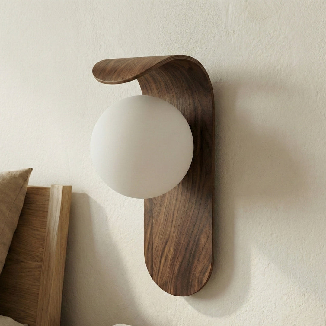 Round Wooden Wall Lamp with Spherical Light Point