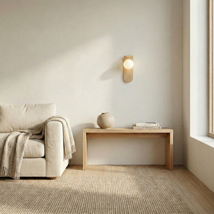 Round Wooden Wall Lamp with Spherical Light Point