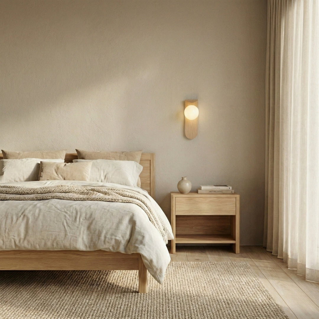 Round Wooden Wall Lamp with Spherical Light Point