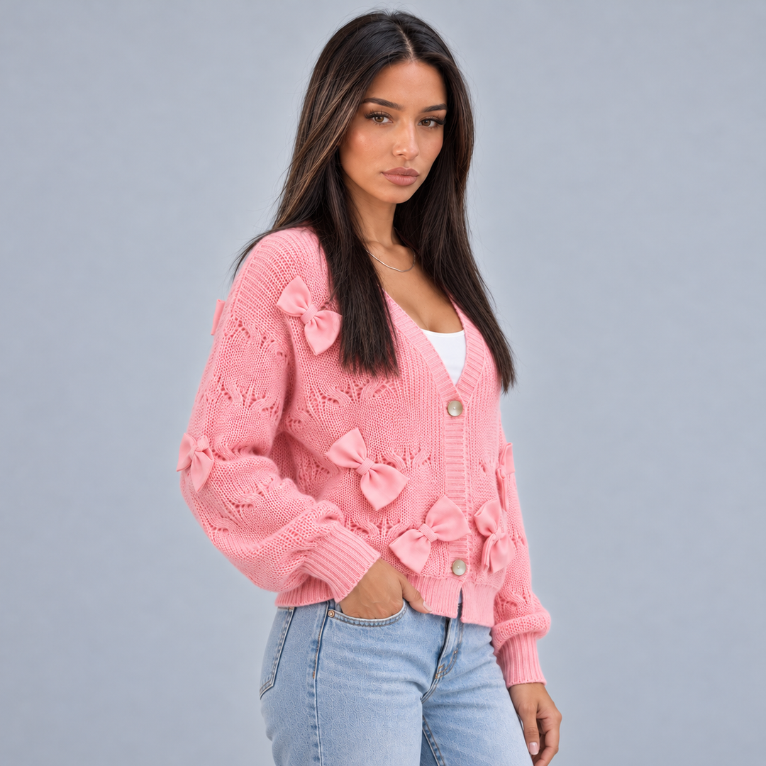 Montarello Women's V-Neck Cardigan with Bow Detail, Buttoned at the Front