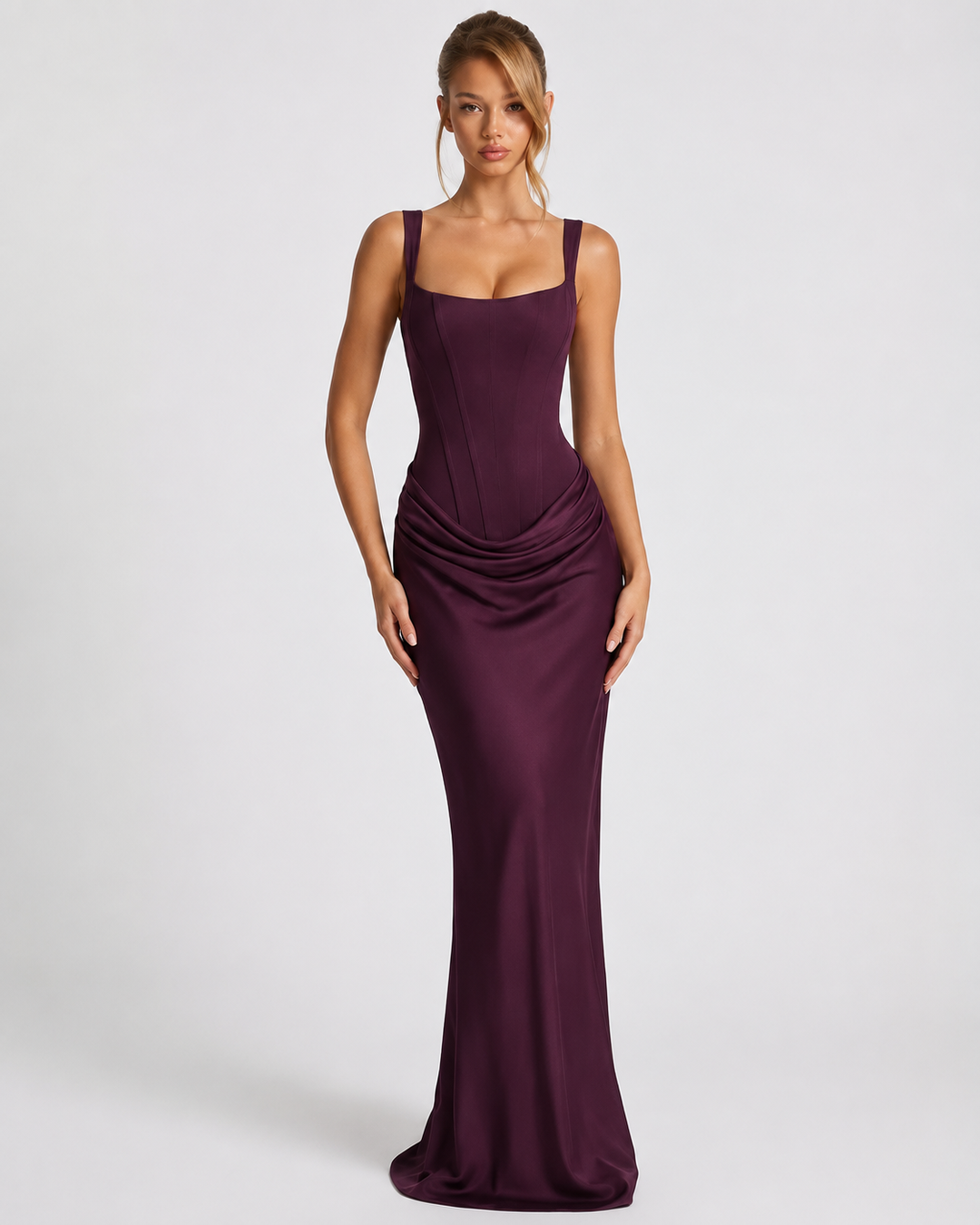 Corset Maxi Dress with Draped Skirt and Lace-Up Back - Elena Harper