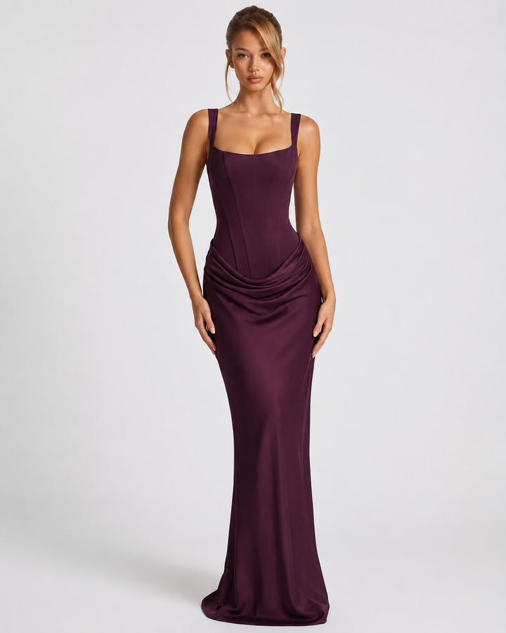 Corset Maxi Dress with Draped Skirt and Lace-Up Back - Elena Harper