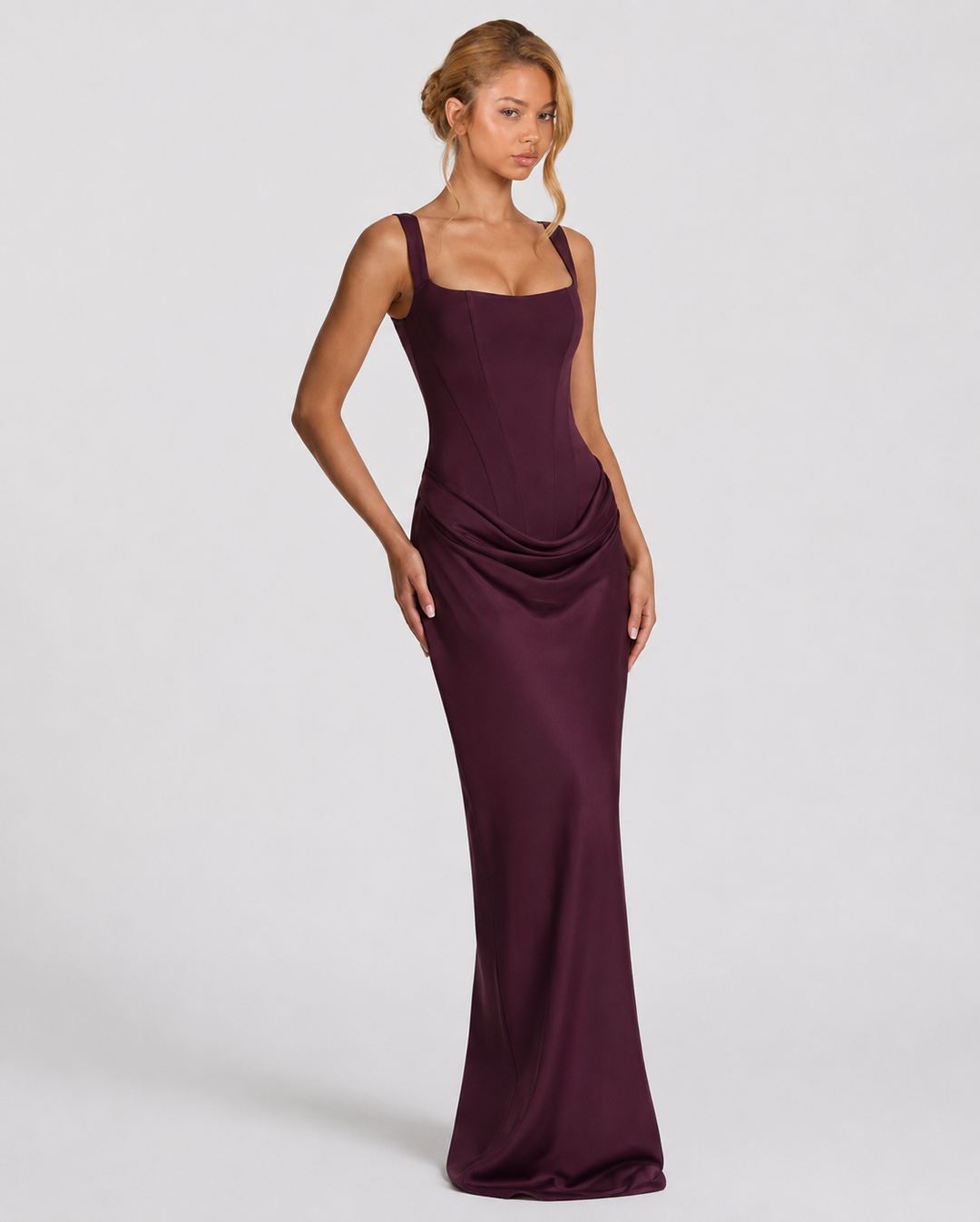 Corset Maxi Dress with Draped Skirt and Lace-Up Back - Elena Harper