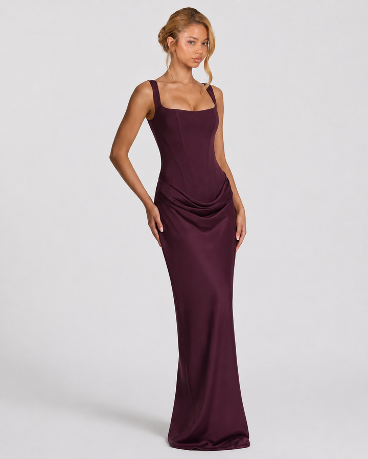 Corset Maxi Dress with Draped Skirt and Lace-Up Back - Elena Harper