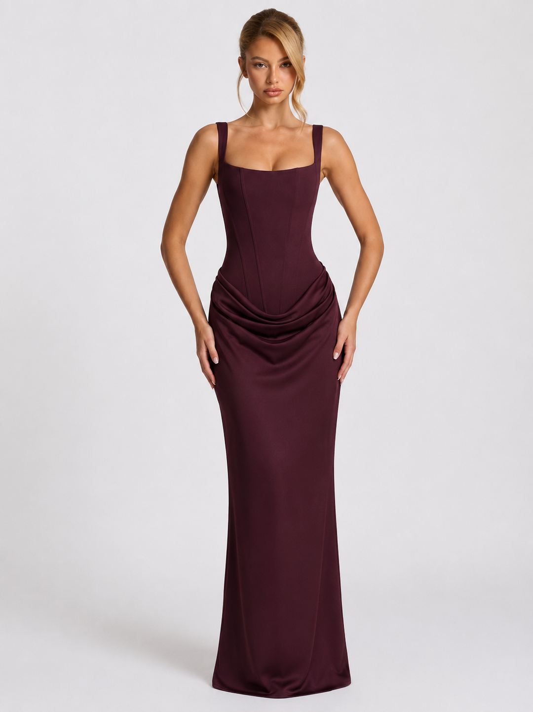 Corset Maxi Dress with Draped Skirt and Lace-Up Back - Elena Harper