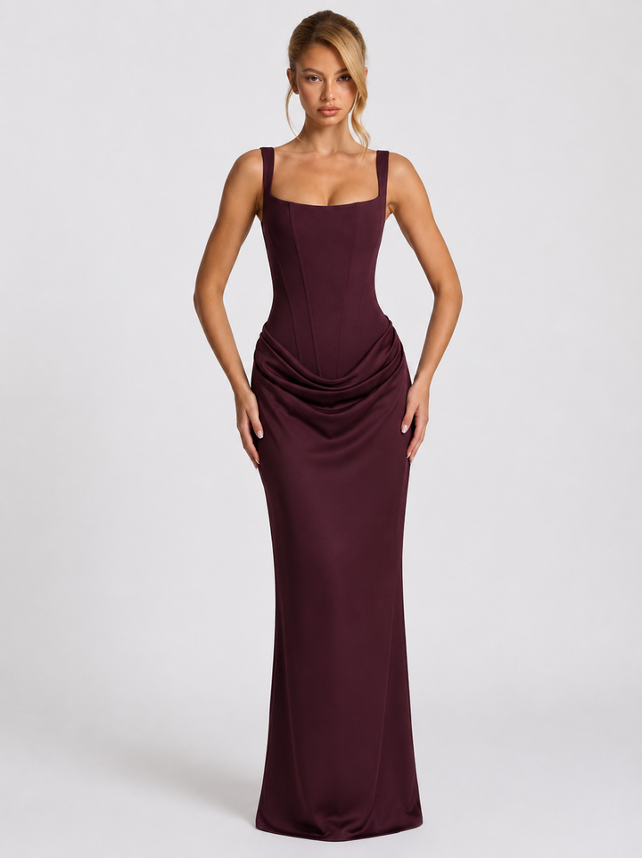 Corset Maxi Dress with Draped Skirt and Lace-Up Back - Elena Harper
