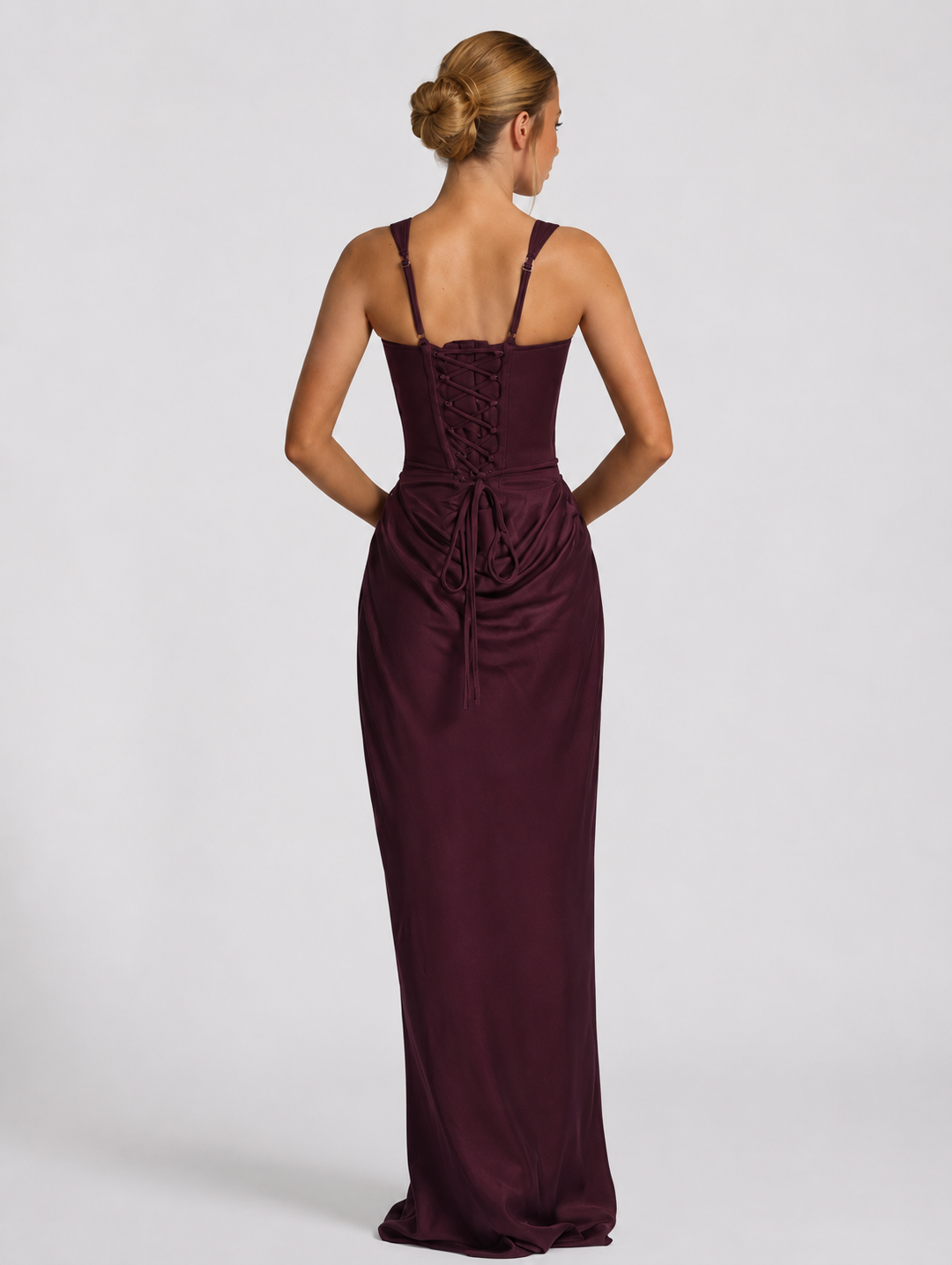 Corset Maxi Dress with Draped Skirt and Lace-Up Back - Elena Harper
