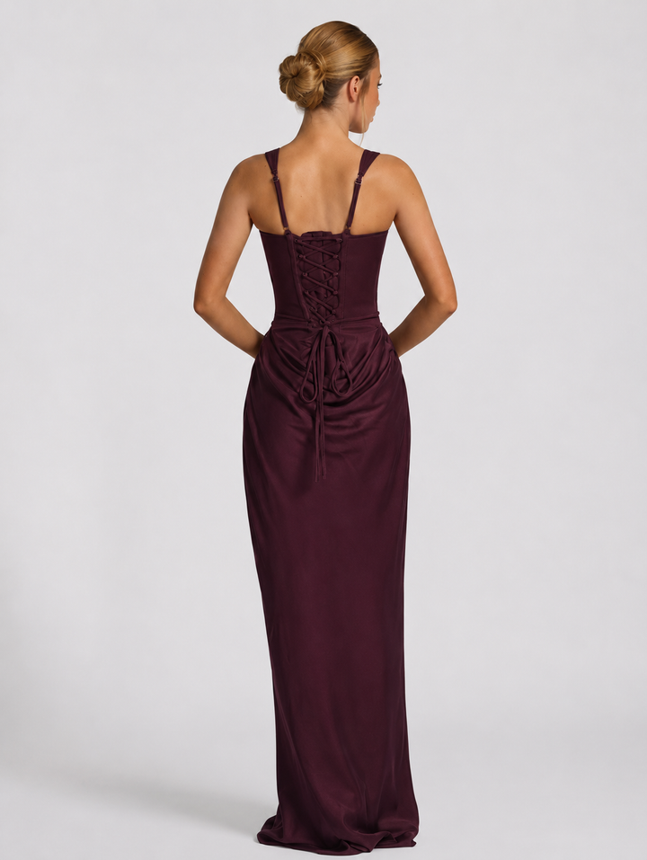 Corset Maxi Dress with Draped Skirt and Lace-Up Back - Elena Harper
