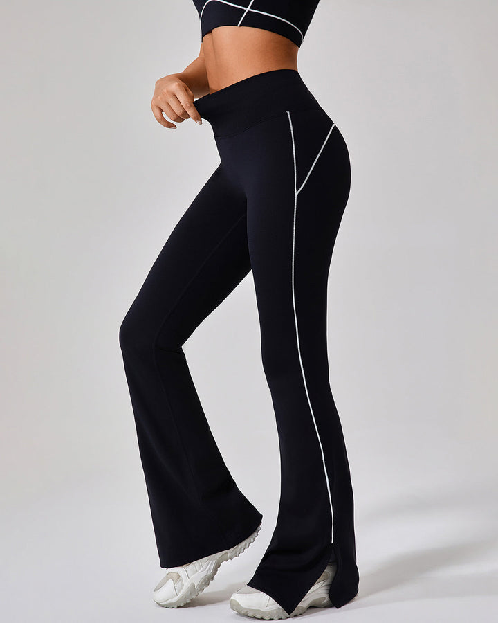 High-Waisted Elephant Leggings with Contrast Piping and Split Hem Cotton Effect, view 3 - Elena Harper