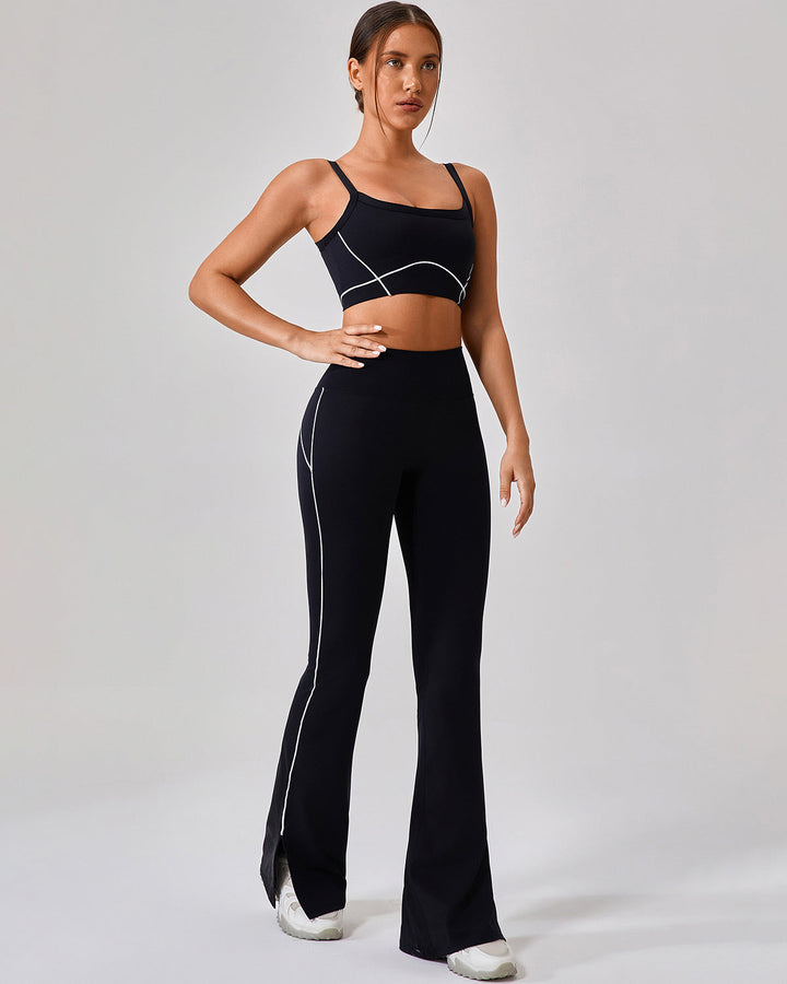 High-Waisted Elephant Leggings with Contrast Piping and Split Hem Cotton Effect, view 7 - Elena Harper
