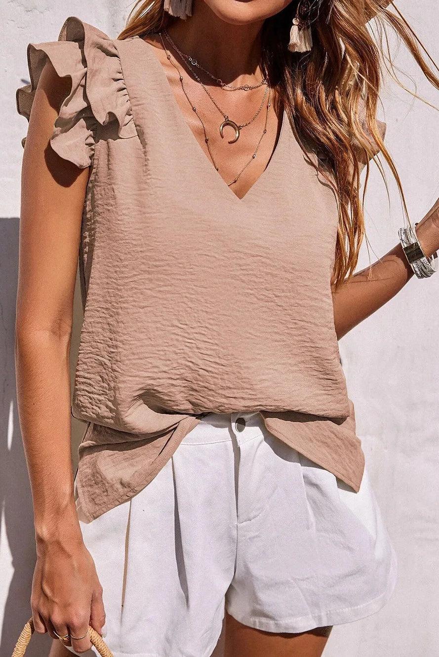 Ladies V-Neck Top with Ruffle Sleeves - Airy Blouse