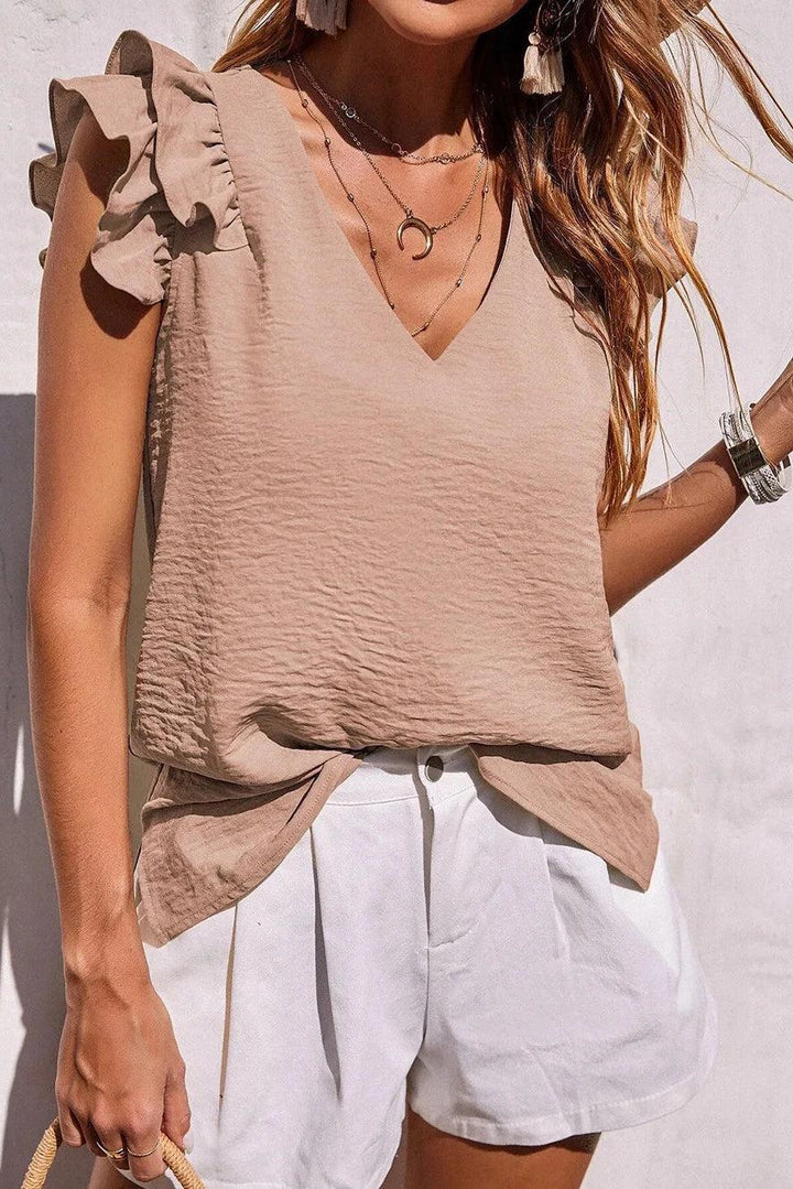 Ladies V-Neck Top with Ruffle Sleeves - Airy Blouse