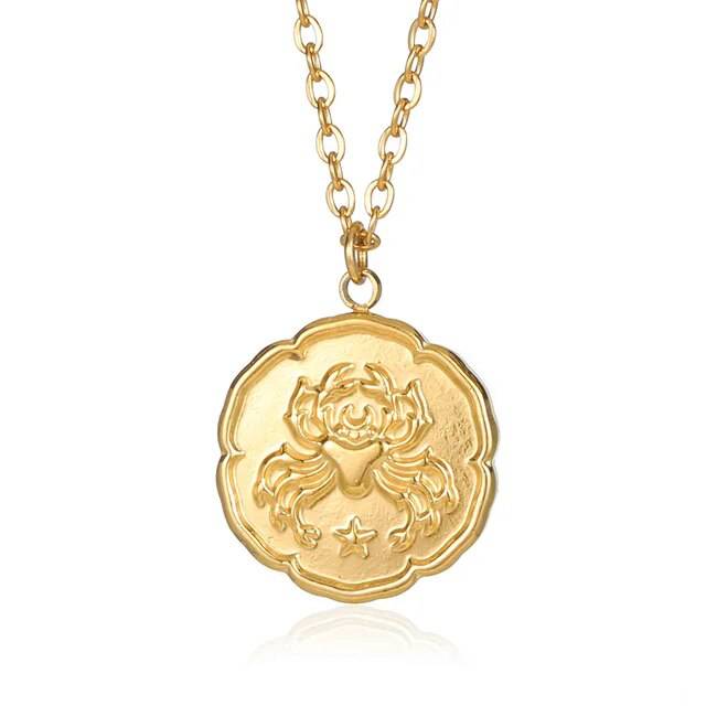 Gold zodiac sign necklace with round disc pendant and constellation design, suitable for women and men, by Emma & Rose Manhattan