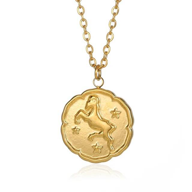 Ned™ Zodiac Sign Necklace by Emma & Rose Manhattan featuring a gold-tone round disc pendant with constellation design for women and men.