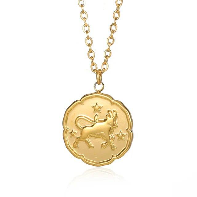 Gold zodiac sign necklace by Emma & Rose Manhattan featuring round disc pendant with constellation design for women and men.