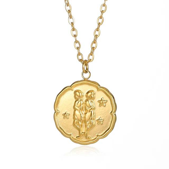 Emma & Rose Manhattan Ned Zodiac Sign Necklace with gold-tone round coin pendant and constellation design for women and men.