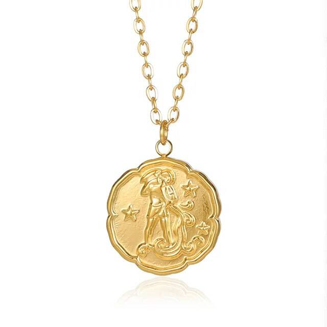 Gold zodiac sign necklace by Emma & Rose Manhattan featuring a round disc pendant with constellation design for women and men.