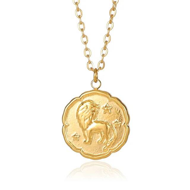 Gold Zodiac Sign Necklace by Emma & Rose Manhattan featuring a round disc pendant with constellation design for women and men.