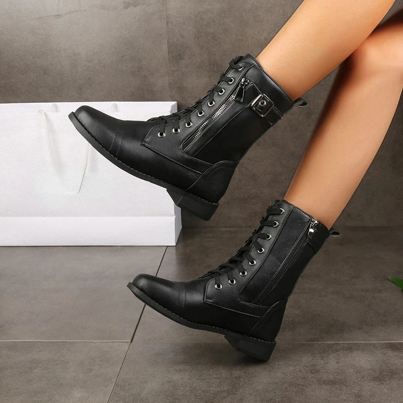 Ladies Mid-Calf Lace-Up Boots with Leather Upper
