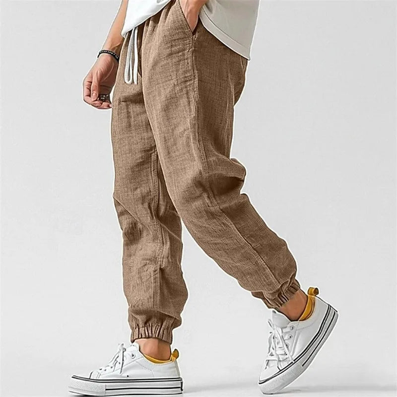 Ladies Linen Blend Jogging Pants with Drawstring and Cuffs, view 4 - Elena Harper