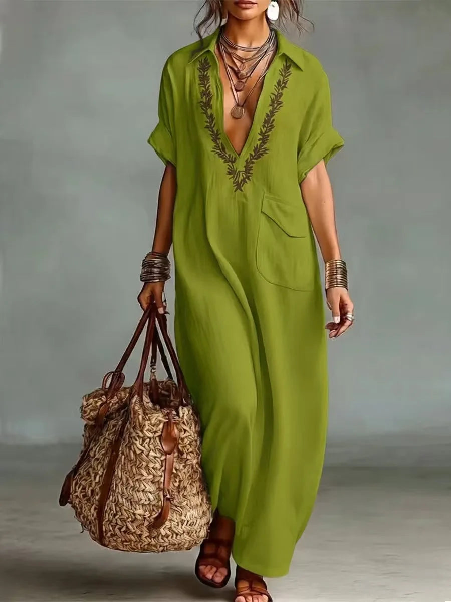 Embroidered women's kaftan dress with V-neck and loose fit
